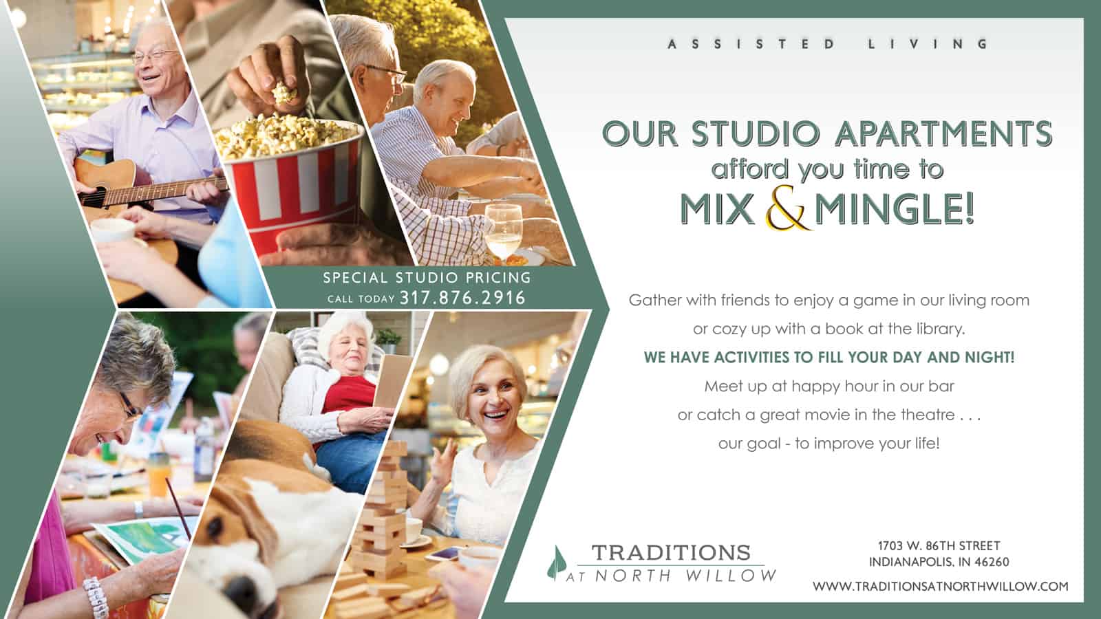 A horizontal flyer advertising their studio apartments. On the left, there are 6 pictures of different activities including a man playing with a guitar, someone eating popcorn, outside drinking wine, painting, a woman and dog lounging, and a woman playing jenga