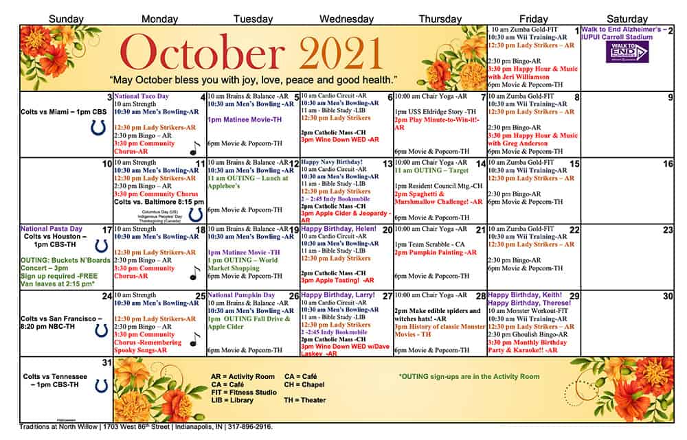 Assisted Living Activities Calendar