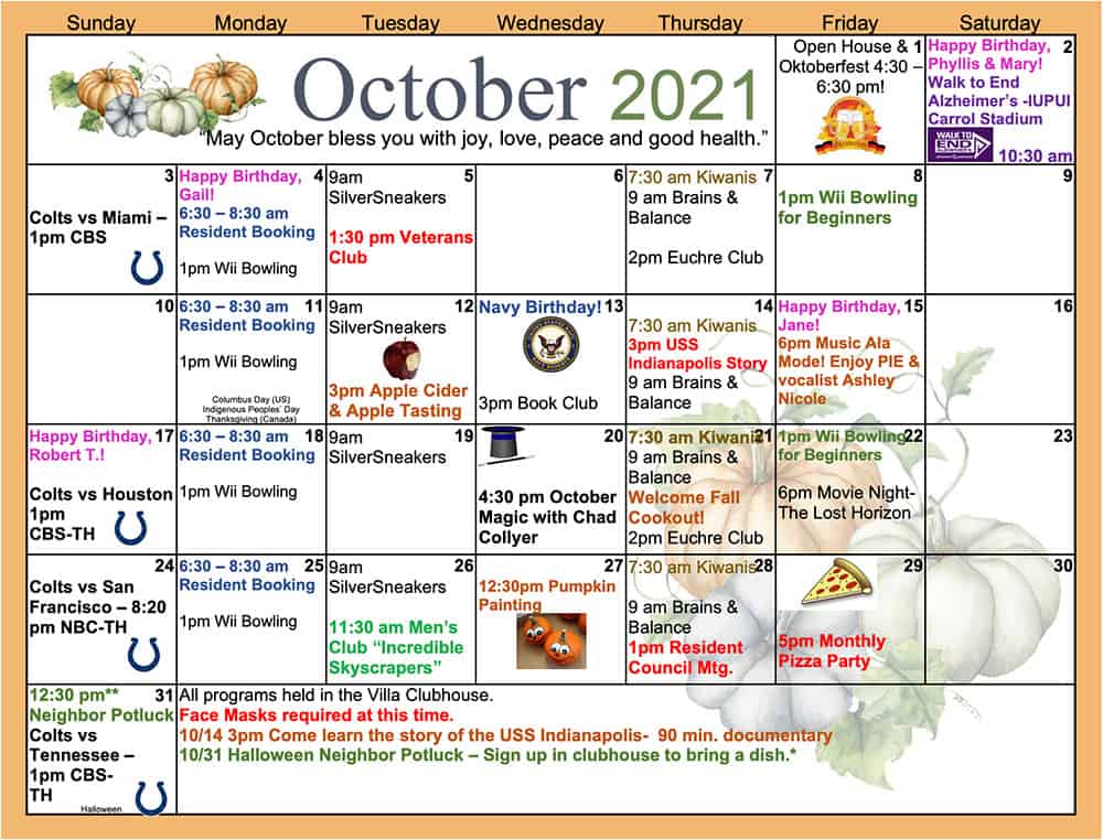 Independent Living Activities Calendar