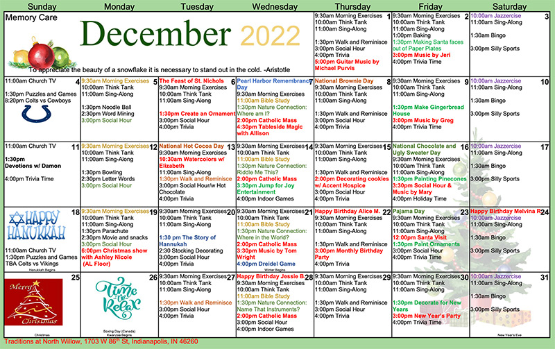 December 2022 Memory Care Calendar