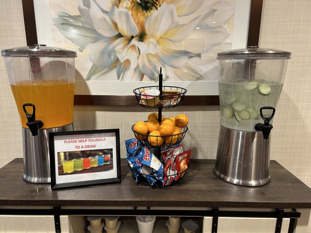 Hydration stations are set up in common areas to subtly remind residents to drink and snack through the day. Traditions at North Willow in Indianapolis, IN.